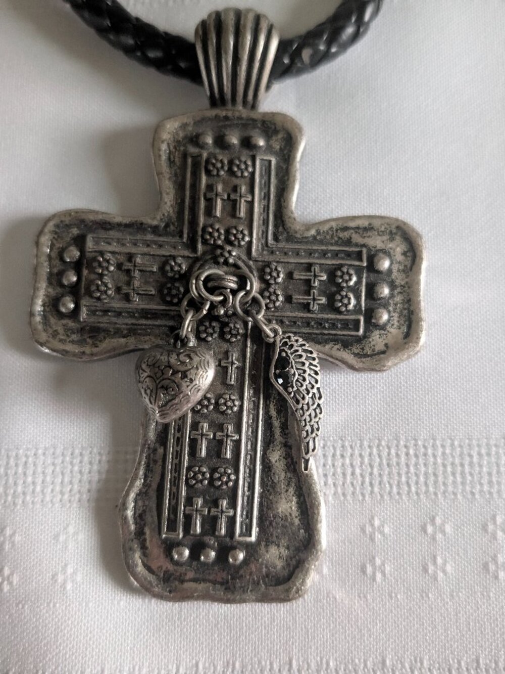 Vintage Lrg Cross Pendant w Feather Heart Charms Braided Black Cord Necklace